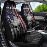 Personalized Skull Bowling Car Seat Cover Distressed American Flag in Dark Grunge Design - Wonder Print Shop
