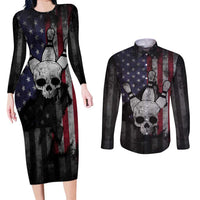 Personalized Skull Bowling Couples Matching Long Sleeve Bodycon Dress and Long Sleeve Button Shirt Distressed American Flag in Dark Grunge Design - Wonder Print Shop