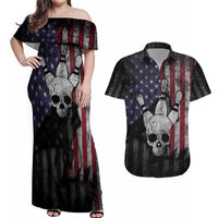 Personalized Skull Bowling Couples Matching Off Shoulder Maxi Dress and Hawaiian Shirt Distressed American Flag in Dark Grunge Design - Wonder Print Shop