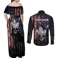 Personalized Skull Bowling Couples Matching Off Shoulder Maxi Dress and Long Sleeve Button Shirt Distressed American Flag in Dark Grunge Design - Wonder Print Shop