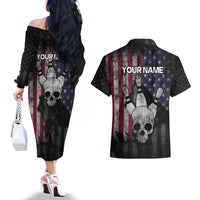 Personalized Skull Bowling Couples Matching Off The Shoulder Long Sleeve Dress and Hawaiian Shirt Distressed American Flag in Dark Grunge Design - Wonder Print Shop