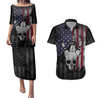 Personalized Skull Bowling Couples Matching Puletasi and Hawaiian Shirt Distressed American Flag in Dark Grunge Design - Wonder Print Shop