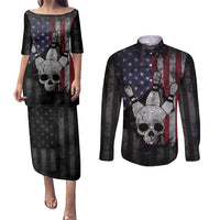 Personalized Skull Bowling Couples Matching Puletasi and Long Sleeve Button Shirt Distressed American Flag in Dark Grunge Design - Wonder Print Shop