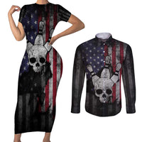 Personalized Skull Bowling Couples Matching Short Sleeve Bodycon Dress and Long Sleeve Button Shirt Distressed American Flag in Dark Grunge Design - Wonder Print Shop