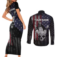 Personalized Skull Bowling Couples Matching Short Sleeve Bodycon Dress and Long Sleeve Button Shirt Distressed American Flag in Dark Grunge Design - Wonder Print Shop