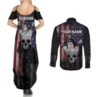 Personalized Skull Bowling Couples Matching Summer Maxi Dress and Long Sleeve Button Shirt Distressed American Flag in Dark Grunge Design - Wonder Print Shop