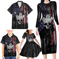 Personalized Skull Bowling Family Matching Long Sleeve Bodycon Dress and Hawaiian Shirt Distressed American Flag in Dark Grunge Design - Wonder Print Shop