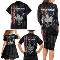 Personalized Skull Bowling Family Matching Long Sleeve Bodycon Dress and Hawaiian Shirt Distressed American Flag in Dark Grunge Design - Wonder Print Shop
