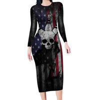 Personalized Skull Bowling Family Matching Long Sleeve Bodycon Dress and Hawaiian Shirt Distressed American Flag in Dark Grunge Design - Wonder Print Shop