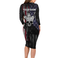 Personalized Skull Bowling Family Matching Long Sleeve Bodycon Dress and Hawaiian Shirt Distressed American Flag in Dark Grunge Design - Wonder Print Shop