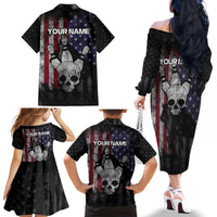 Personalized Skull Bowling Family Matching Off The Shoulder Long Sleeve Dress and Hawaiian Shirt Distressed American Flag in Dark Grunge Design - Wonder Print Shop