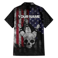 Personalized Skull Bowling Family Matching Off The Shoulder Long Sleeve Dress and Hawaiian Shirt Distressed American Flag in Dark Grunge Design - Wonder Print Shop