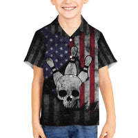 Personalized Skull Bowling Family Matching Off The Shoulder Long Sleeve Dress and Hawaiian Shirt Distressed American Flag in Dark Grunge Design - Wonder Print Shop