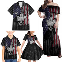 Personalized Skull Bowling Family Matching Off Shoulder Maxi Dress and Hawaiian Shirt Distressed American Flag in Dark Grunge Design - Wonder Print Shop