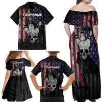 Personalized Skull Bowling Family Matching Off Shoulder Maxi Dress and Hawaiian Shirt Distressed American Flag in Dark Grunge Design - Wonder Print Shop
