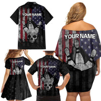 Personalized Skull Bowling Family Matching Off Shoulder Short Dress and Hawaiian Shirt Distressed American Flag in Dark Grunge Design - Wonder Print Shop