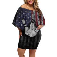 Personalized Skull Bowling Family Matching Off Shoulder Short Dress and Hawaiian Shirt Distressed American Flag in Dark Grunge Design - Wonder Print Shop