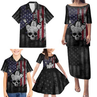 Personalized Skull Bowling Family Matching Puletasi and Hawaiian Shirt Distressed American Flag in Dark Grunge Design - Wonder Print Shop