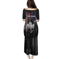 Personalized Skull Bowling Family Matching Puletasi and Hawaiian Shirt Distressed American Flag in Dark Grunge Design - Wonder Print Shop