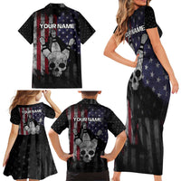 Personalized Skull Bowling Family Matching Short Sleeve Bodycon Dress and Hawaiian Shirt Distressed American Flag in Dark Grunge Design - Wonder Print Shop