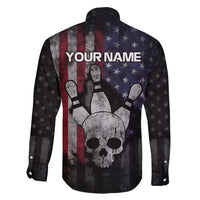 Personalized Skull Bowling Family Matching Short Sleeve Bodycon Dress and Hawaiian Shirt Distressed American Flag in Dark Grunge Design - Wonder Print Shop