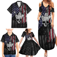 Personalized Skull Bowling Family Matching Summer Maxi Dress and Hawaiian Shirt Distressed American Flag in Dark Grunge Design - Wonder Print Shop