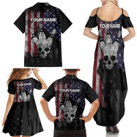 Personalized Skull Bowling Family Matching Summer Maxi Dress and Hawaiian Shirt Distressed American Flag in Dark Grunge Design - Wonder Print Shop