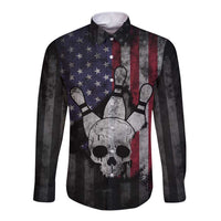 Personalized Skull Bowling Long Sleeve Button Shirt Distressed American Flag in Dark Grunge Design - Wonder Print Shop