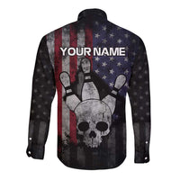 Personalized Skull Bowling Long Sleeve Button Shirt Distressed American Flag in Dark Grunge Design - Wonder Print Shop