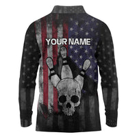 Personalized Skull Bowling Long Sleeve Polo Shirt Distressed American Flag in Dark Grunge Design - Wonder Print Shop
