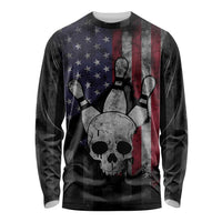 Personalized Skull Bowling Long Sleeve Shirt Distressed American Flag in Dark Grunge Design - Wonder Print Shop
