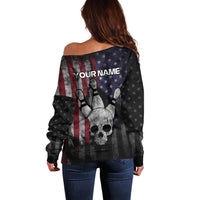 Personalized Skull Bowling Off Shoulder Sweater Distressed American Flag in Dark Grunge Design - Wonder Print Shop