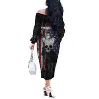 Personalized Skull Bowling Off The Shoulder Long Sleeve Dress Distressed American Flag in Dark Grunge Design - Wonder Print Shop