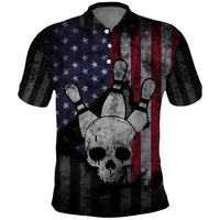 Personalized Skull Bowling Polo Shirt Distressed American Flag in Dark Grunge Design - Wonder Print Shop