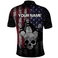 Personalized Skull Bowling Polo Shirt Distressed American Flag in Dark Grunge Design - Wonder Print Shop