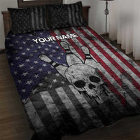 Personalized Skull Bowling Quilt Bed Set Distressed American Flag in Dark Grunge Design - Wonder Print Shop