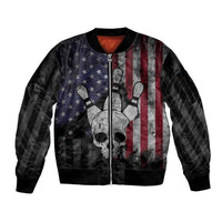 Personalized Skull Bowling Sleeve Zip Bomber Jacket Distressed American Flag in Dark Grunge Design - Wonder Print Shop