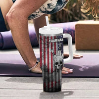 Personalized Skull Bowling Tumbler With Handle Distressed American Flag in Dark Grunge Design - Wonder Print Shop