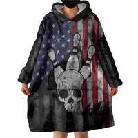 Personalized Skull Bowling Wearable Blanket Hoodie Distressed American Flag in Dark Grunge Design - Wonder Print Shop