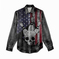 Personalized Skull Bowling Women Casual Shirt Distressed American Flag in Dark Grunge Design - Wonder Print Shop