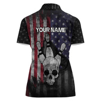 Personalized Skull Bowling Women Polo Shirt Distressed American Flag in Dark Grunge Design - Wonder Print Shop