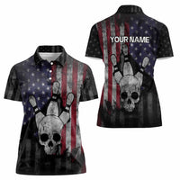 Personalized Skull Bowling Women Polo Shirt Distressed American Flag in Dark Grunge Design - Wonder Print Shop