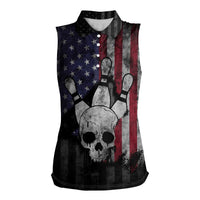 Personalized Skull Bowling Women Sleeveless Polo Shirt Distressed American Flag in Dark Grunge Design - Wonder Print Shop