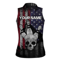 Personalized Skull Bowling Women Sleeveless Polo Shirt Distressed American Flag in Dark Grunge Design - Wonder Print Shop