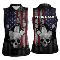 Personalized Skull Bowling Women Sleeveless Polo Shirt Distressed American Flag in Dark Grunge Design - Wonder Print Shop
