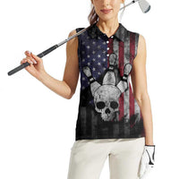 Personalized Skull Bowling Women Sleeveless Polo Shirt Distressed American Flag in Dark Grunge Design - Wonder Print Shop