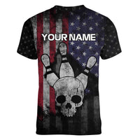 Personalized Skull Bowling Women V-Neck T-Shirt Distressed American Flag in Dark Grunge Design - Wonder Print Shop