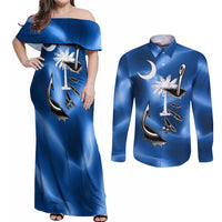 Fishing Custom South Carolina Flag Couples Matching Off Shoulder Maxi Dress and Long Sleeve Button Shirt Fish Hook Graphic in Blue Gradient Design - Wonder Print Shop