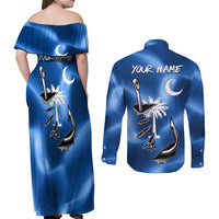 Fishing Custom South Carolina Flag Couples Matching Off Shoulder Maxi Dress and Long Sleeve Button Shirt Fish Hook Graphic in Blue Gradient Design - Wonder Print Shop