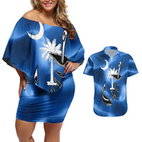 Fishing Custom South Carolina Flag Couples Matching Off Shoulder Short Dress and Hawaiian Shirt Fish Hook Graphic in Blue Gradient Design - Wonder Print Shop